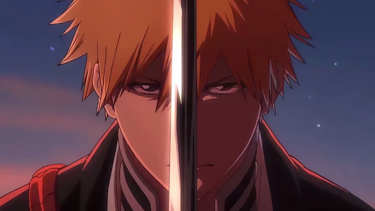 Bleach: Thousand Year Blood War official artwork showcasing Ichigo holding a sword in between his eyes while staring forward